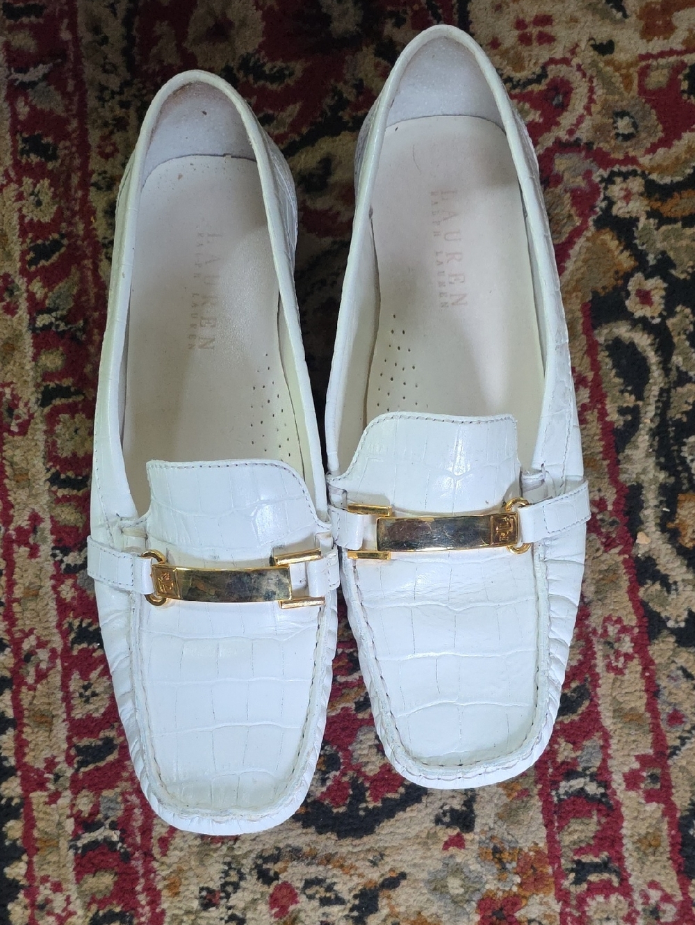 Vtg Ralph Lauren Polo White Croc-Embossed Leather Loafers Slip On Gold Bit 7.5B